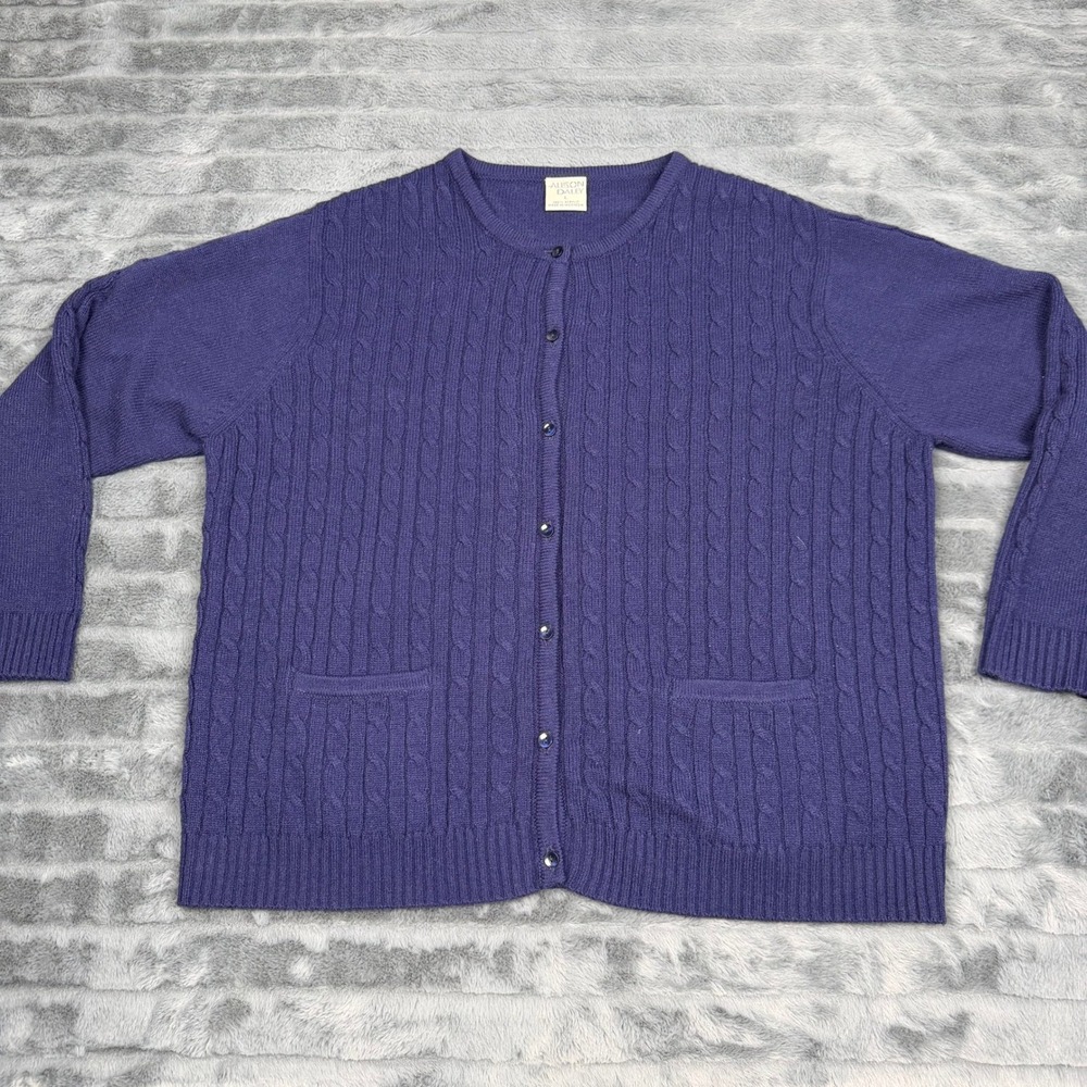 Allison Daley Purple Cable Knit Button Front Cardigan Sweater Pockets Womens L